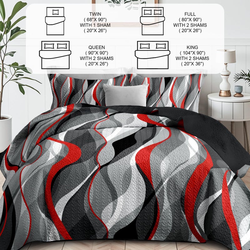weesire Classic Line Pattern Bedding Quilt Queen Size Modern Grey Red and Black Stripe Quilt with 2 Shams  Gray and Red Comforter Sets Lightweight Breathable Bedspreads Coverlet  90''x96'' - Image 3